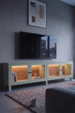 Yoda Temperli Cam Kapaklı Neon Led Işıklı Tv Ünitesi Tv Sehpası Vitrin Ahşap Ayaklı Sepet-Ihlamur Yeşili YD14-SY