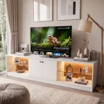 Yoda Temperli Cam Raflı Neon Led Işıklı 200cm Tv Ünitesi Tv Sehpası Sepet-Beyaz YD24-SW