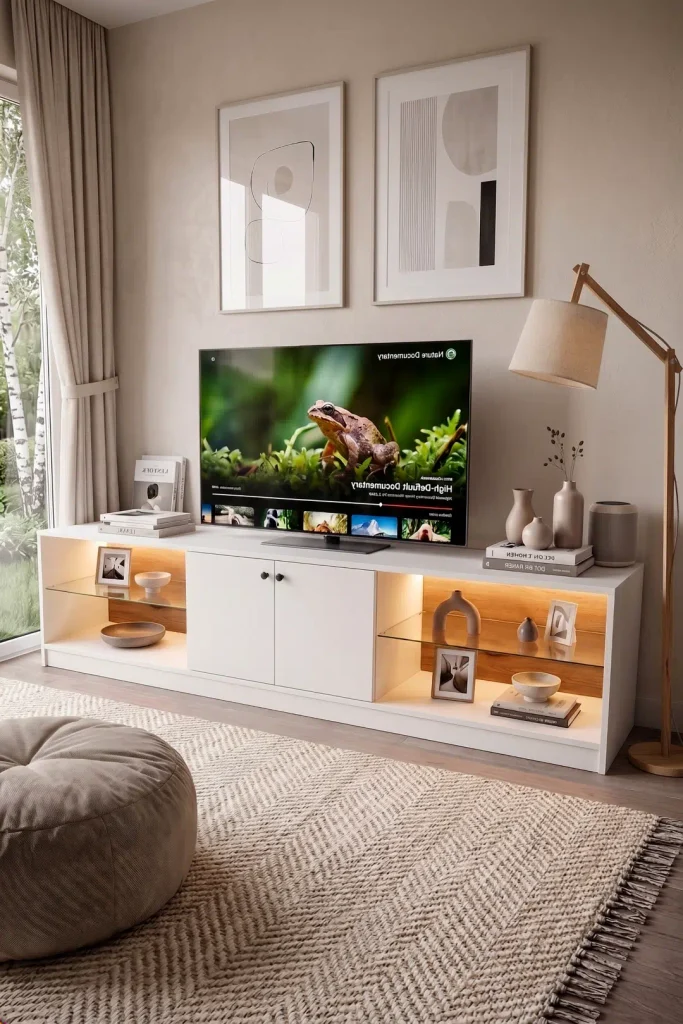 Yoda Temperli Cam Raflı Neon Led Işıklı 200cm Tv Ünitesi Tv Sehpası Sepet-Beyaz YD24-SW