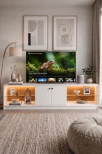 Yoda Temperli Cam Raflı Neon Led Işıklı 200cm Tv Ünitesi Tv Sehpası Sepet-Beyaz YD24-SW