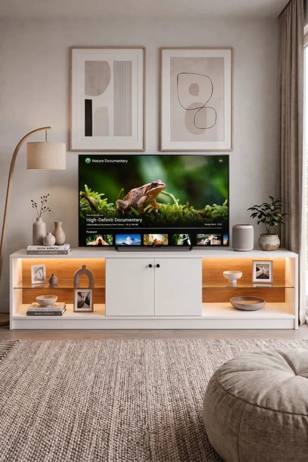 Yoda Temperli Cam Raflı Neon Led Işıklı 200cm Tv Ünitesi Tv Sehpası Sepet-Beyaz YD24-SW