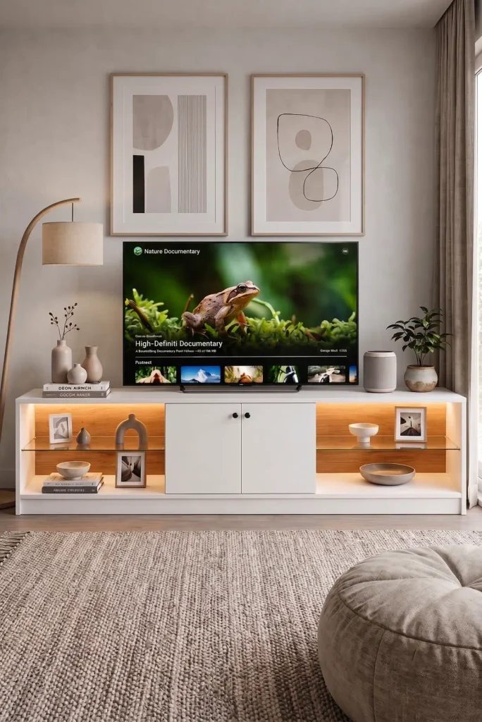 Yoda Temperli Cam Raflı Neon Led Işıklı 200cm Tv Ünitesi Tv Sehpası Sepet-Beyaz YD24-SW