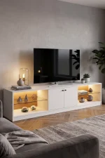 Yoda Temperli Cam Raflı Neon Led Işıklı 200cm Tv Ünitesi Tv Sehpası Sepet-Beyaz YD24-SW