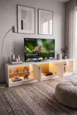 Yoda Temperli Cam Raflı Neon Led Işıklı 200cm Tv Ünitesi Tv Sehpası Sepet-Beyaz YD24-SW