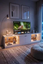 Yoda Temperli Cam Raflı Neon Led Işıklı 200cm Tv Ünitesi Tv Sehpası Sepet-Beyaz YD24-SW
