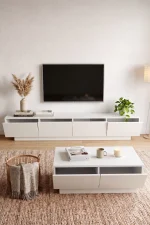 Yoda 200cm Tv Ünitesi Orta Sehpa 2'Li Set Beyaz YD26-W