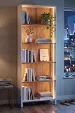 Yoda 5 Raflı Neon Led Işıklı Kitaplık Ahşap Ayaklı Sepet-Beyaz 183cm YD4-SW