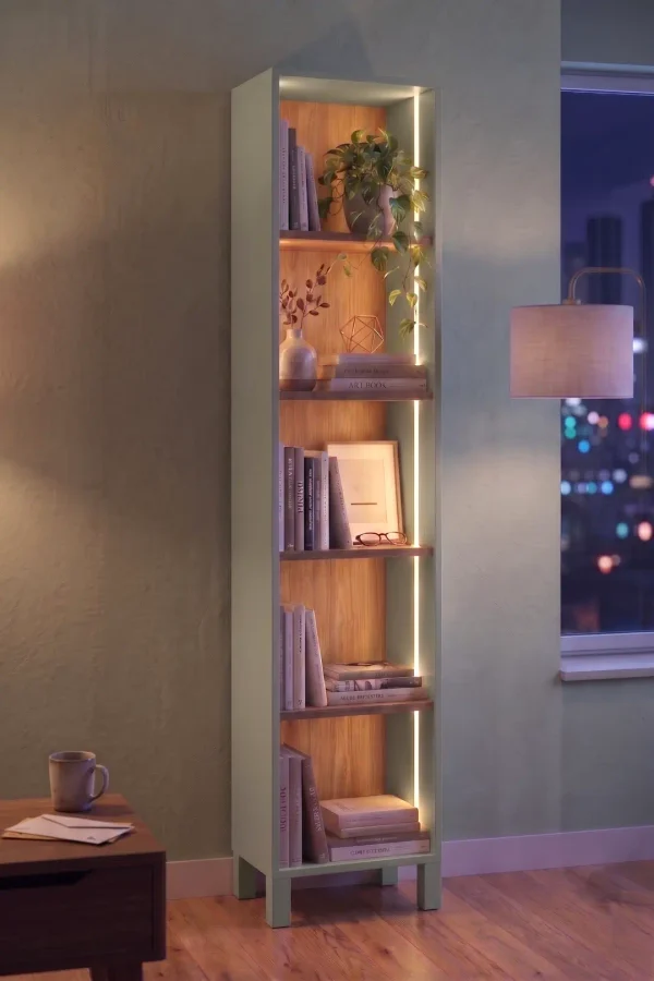Yoda 5 Raflı Neon Led Işıklı Dar Alan Kitaplık Ahşap Ayaklı Sepet-Ihlamur Yeşili 183cm YD5-SY