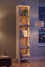 Yoda 5 Raflı Neon Led Işıklı Dar Alan Kitaplık Ahşap Ayaklı Sepet-Beyaz 183cm YD5-SW