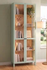 Yoda Temperli Cam Kapaklı Neon Led Işıklı Vitrin Büfe Kitaplık 5 Raflı Sepet-Ihlamur Yeşili 183cm YD6-SY