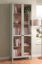 Yoda Temperli Cam Kapaklı Neon Led Işıklı Vitrin Büfe Kitaplık 5 Raflı Sepet-Ihlamur Yeşili 183cm YD6-SY