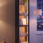 Yoda Temperli Cam Kapaklı Neon Led Işıklı Dar Alan Vitrin Büfe Kitaplık Ahşap Ayaklı 5 Raflı Sepet-Siyah 183cm YD8-SB