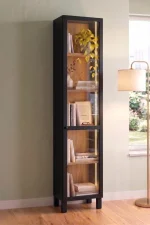 Yoda Temperli Cam Kapaklı Neon Led Işıklı Dar Alan Vitrin Büfe Kitaplık Ahşap Ayaklı 5 Raflı Sepet-Siyah 183cm YD8-SB