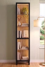 Yoda Temperli Cam Kapaklı Neon Led Işıklı Dar Alan Vitrin Büfe Kitaplık Ahşap Ayaklı 5 Raflı Sepet-Siyah 183cm YD8-SB