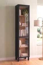 Yoda Temperli Cam Kapaklı Neon Led Işıklı Dar Alan Vitrin Büfe Kitaplık Ahşap Ayaklı 5 Raflı Sepet-Siyah 183cm YD8-SB