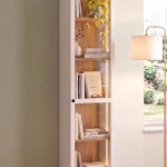 Yoda Temperli Cam Kapaklı Neon Led Işıklı Dar Alan Vitrin Büfe Kitaplık 5 Raflı Sepet-Beyaz 183cm YD8-SW