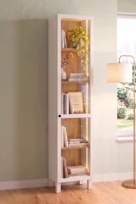Yoda Temperli Cam Kapaklı Neon Led Işıklı Dar Alan Vitrin Büfe Kitaplık 5 Raflı Sepet-Beyaz 183cm YD8-SW