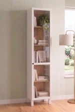 Yoda Temperli Cam Kapaklı Neon Led Işıklı Dar Alan Vitrin Büfe Kitaplık 5 Raflı Sepet-Beyaz 183cm YD8-SW