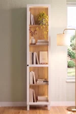 Yoda Temperli Cam Kapaklı Neon Led Işıklı Dar Alan Vitrin Büfe Kitaplık 5 Raflı Sepet-Beyaz 183cm YD8-SW