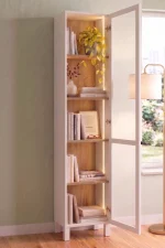 Yoda Temperli Cam Kapaklı Neon Led Işıklı Dar Alan Vitrin Büfe Kitaplık 5 Raflı Sepet-Beyaz 183cm YD8-SW