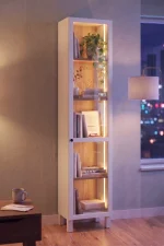Yoda Temperli Cam Kapaklı Neon Led Işıklı Dar Alan Vitrin Büfe Kitaplık 5 Raflı Sepet-Beyaz 183cm YD8-SW