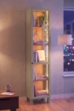 Yoda Temperli Cam Kapaklı Neon Led Işıklı Dar Alan Vitrin Büfe Kitaplık Ahşap Ayaklı 5 Raflı Sepet-Ihlamur Yeşili 183cm YD8-SY