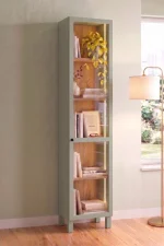 Yoda Temperli Cam Kapaklı Neon Led Işıklı Dar Alan Vitrin Büfe Kitaplık Ahşap Ayaklı 5 Raflı Sepet-Ihlamur Yeşili 183cm YD8-SY