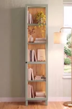 Yoda Temperli Cam Kapaklı Neon Led Işıklı Dar Alan Vitrin Büfe Kitaplık Ahşap Ayaklı 5 Raflı Sepet-Ihlamur Yeşili 183cm YD8-SY