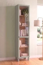 Yoda Temperli Cam Kapaklı Neon Led Işıklı Dar Alan Vitrin Büfe Kitaplık Ahşap Ayaklı 5 Raflı Sepet-Ihlamur Yeşili 183cm YD8-SY